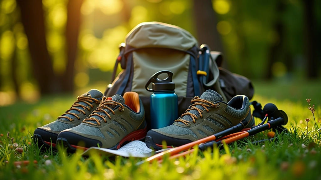 Hiking vybavení rozložené na trávě: batoh, mapy, lahev na vodu, vycházkové hůlky a obuv