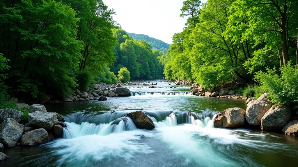 Panoramický pohled na peřející potok obklopený husty zeleným lesem a velkými kamennými útvary